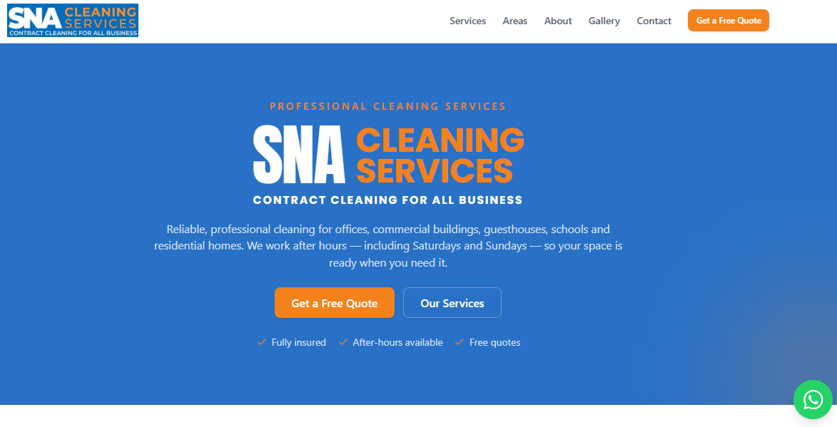 SNA Cleaning Services website homepage